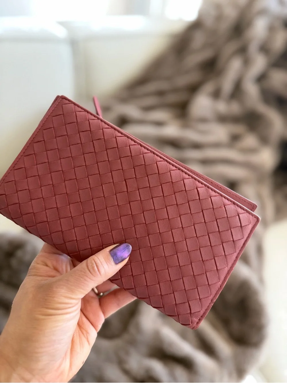Bottega Veneta Dusty Pink Intrecciato Woven Leather Continental Long Wallet